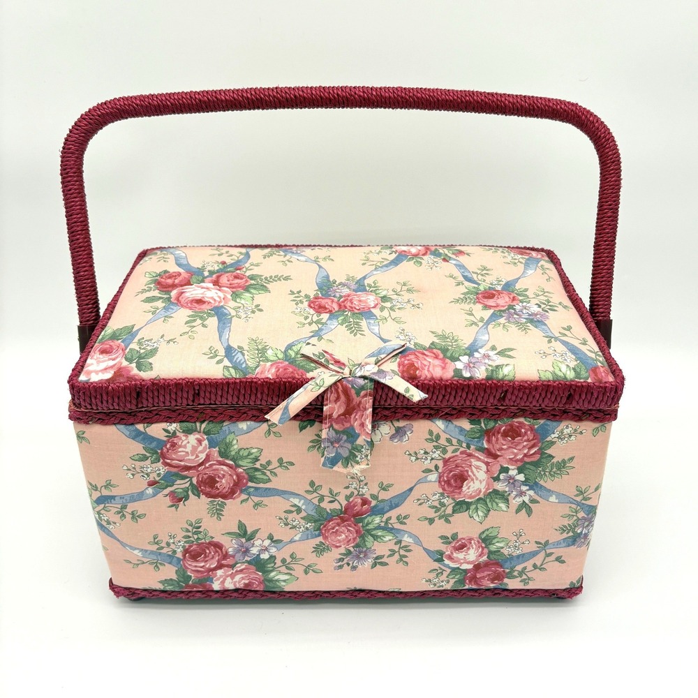 Vintage Floral Sewing Basket Pink Roses Satin Lined Tray Cottagecore Sewing Box